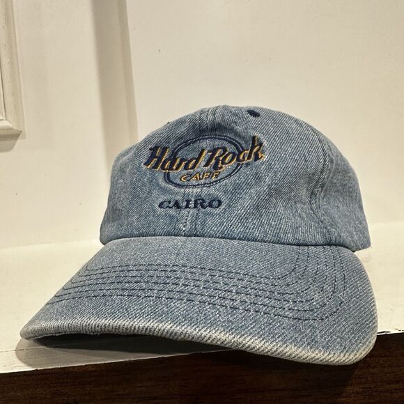 Vintage 90s Hard Rock Cafe Cairo Hat Denim Blue Cap Buckle Rare 100% Cotton - Picture 2 of 9